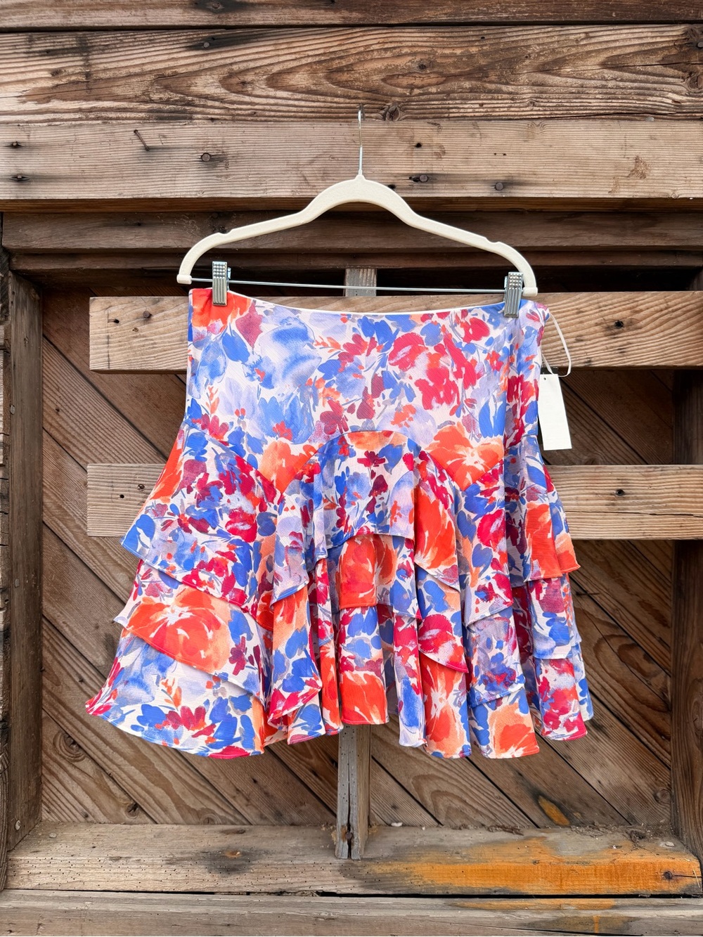 Floral Tiered Ruffle Mini Skirt in Coral & Blue